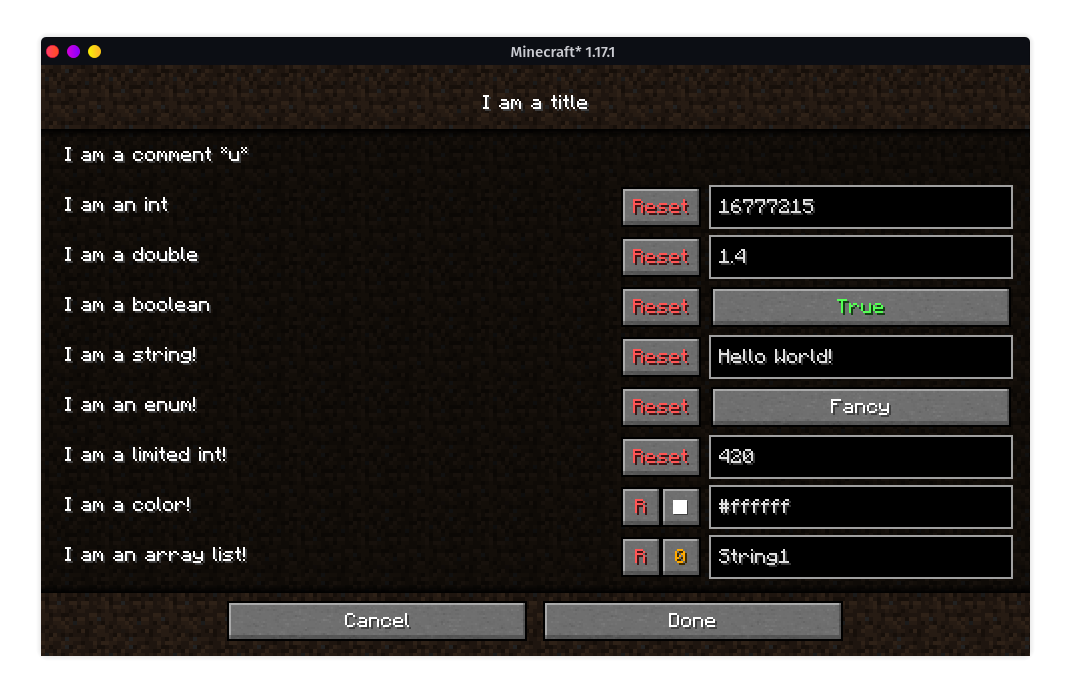 A config screen generated with MidnightLib 0.2.4